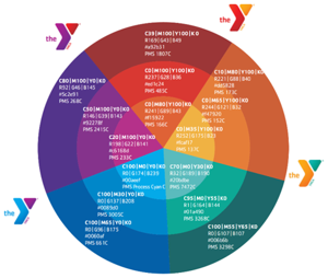A color wheel with labels corresponding to the official YMCA colors.