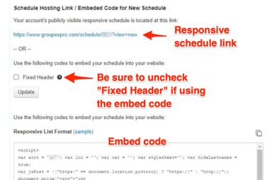 Screenshot showing “Schedule Hosting LInk / Embedded Code for New Schdule” from Daxko