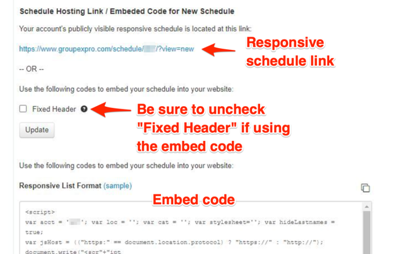 Screenshot showing &ldquo;Schedule Hosting LInk / Embedded Code for New Schdule&rdquo; from Daxko