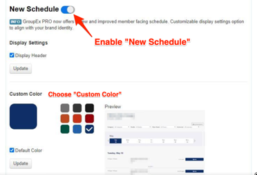 Screenshot showing “New Schedule” and other options in the GroupEx Pro admin.