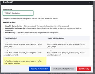Config diff modal comparing with YMCA WS Distribution