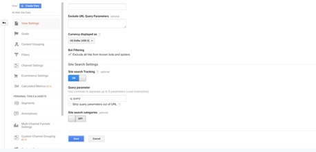 Google Analytics Site Search Settings