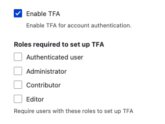 A screenshot showing “Roles required to set up TFA” with checkboxes for each role on the site.