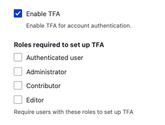 A screenshot showing &ldquo;Roles required to set up TFA&rdquo; with checkboxes for each role on the site.