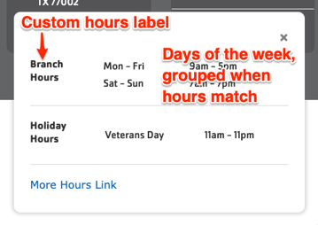 Screenshot of the Branch Hours popup in the Branch Header