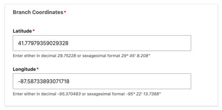 Screenshot of the Drupal Branch admin screen with the latitude and longitude separated into different fields.