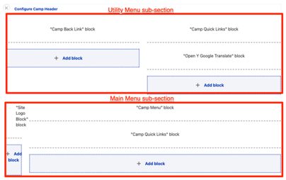 A screenshot of the Camp Header Layout Builder configuration with labels for the Utility menu at the top and the Main Menu in the center