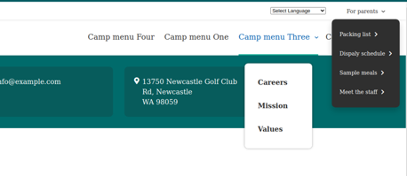 A screenshot showing the expanded Camp Quick Links menu and Camp Menu