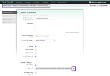 A screenshot showing the General Information screen of Daxko Operations