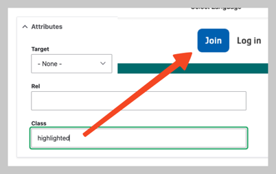 The menu item configuration with the highlighted class added. An overlay in the upper right corner shows the resulting link.