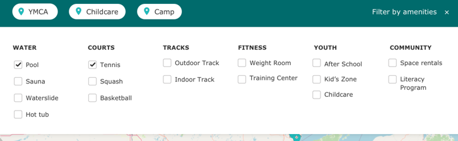 A screenshot of the Location Finder’s “filter by amenities” section.