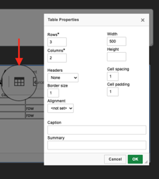 A screenshot of the table icon and properties popup.
