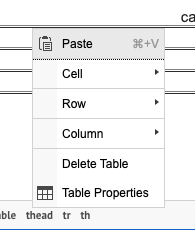 A screenshot of the table operations menu.