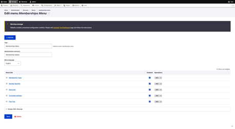 A screenshot of memberships menu settings page.