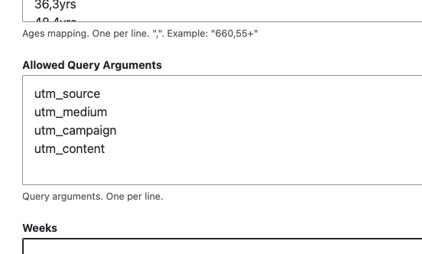 A screenshot of the Activity Finder settings, focused on the &ldquo;Allowed Query Arguments&rdquo; field