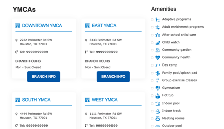 The locations page with a list of amenities