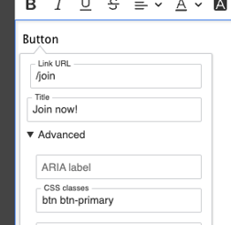 The advanced link options dialog. In the “CSS Classes” field is the text “btn btn-primary”