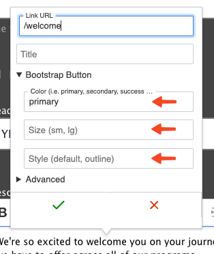 The bootstrap button options dialog. In the &ldquo;Color&rdquo; field is the text &ldquo;primary&rdquo;
