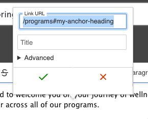 A screenshot showing the link popup with a relative URL and anchor in the Link URL field