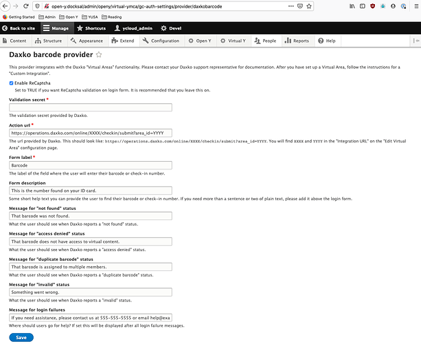 The Daxko Barcode configuration form