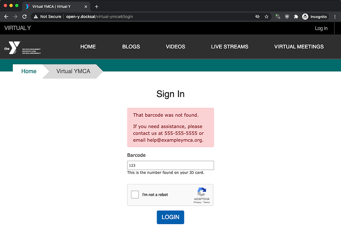The Virtual Y login page with an error from a failed authentication