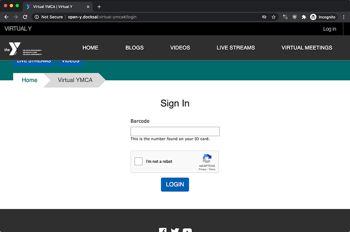 The Virtual Y login page with Daxko Barcode authentication and reCAPCHA enabled