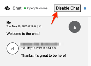The Virtual Y chat window with an arrow pointing to a button labeled &ldquo;Disable Chat&rdquo;.