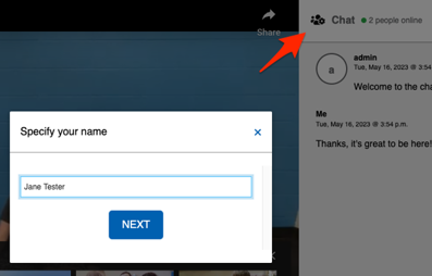 A dialog with &ldquo;Specify your name&rdquo; in a modal popup. In the upper right an arrow points to an icon with people and a gear to open this setting.